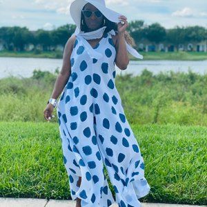 Polka Dot Linen Flare Leg Jumpsuit